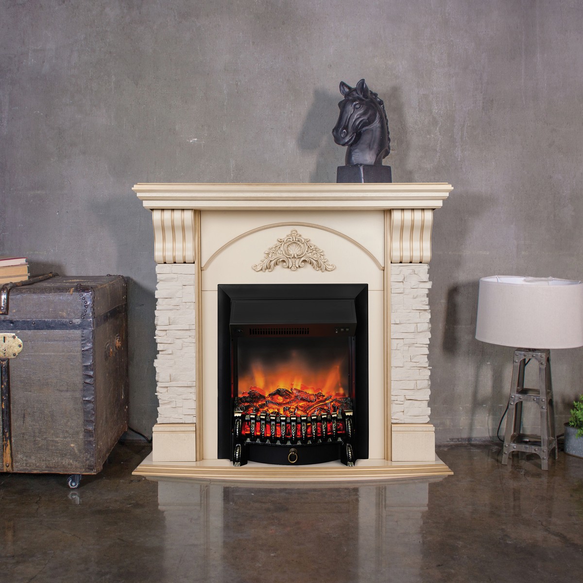 Электрокамин RealFlame Athena WT белый дуб с золотой патиной с очагом Fobos Lux Black