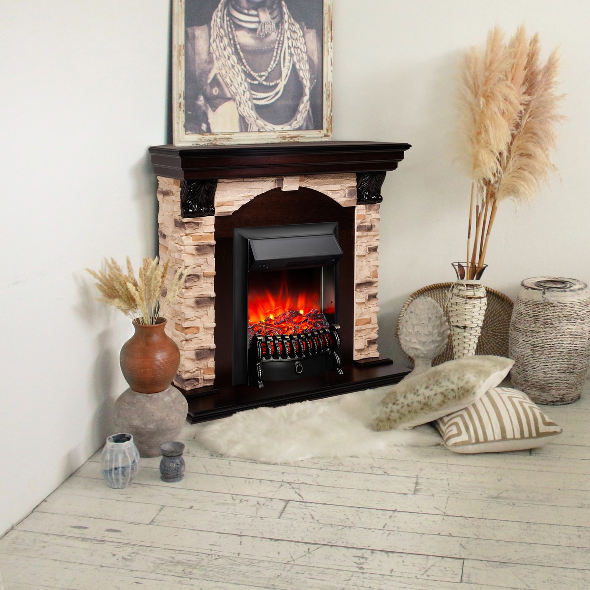 Электрокамин RealFlame Dublin Corner Rock AO античный дуб с очагом Fobos Lux Black