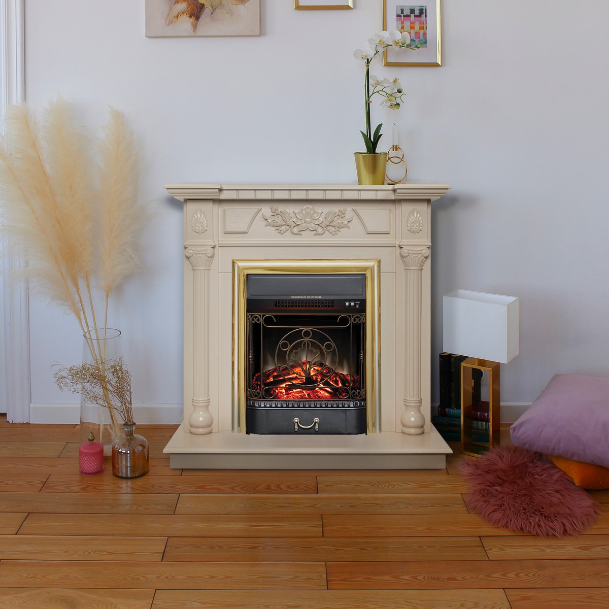 Электрокамин RealFlame Dacota WT белый дуб с очагом Majestic Lux Brass