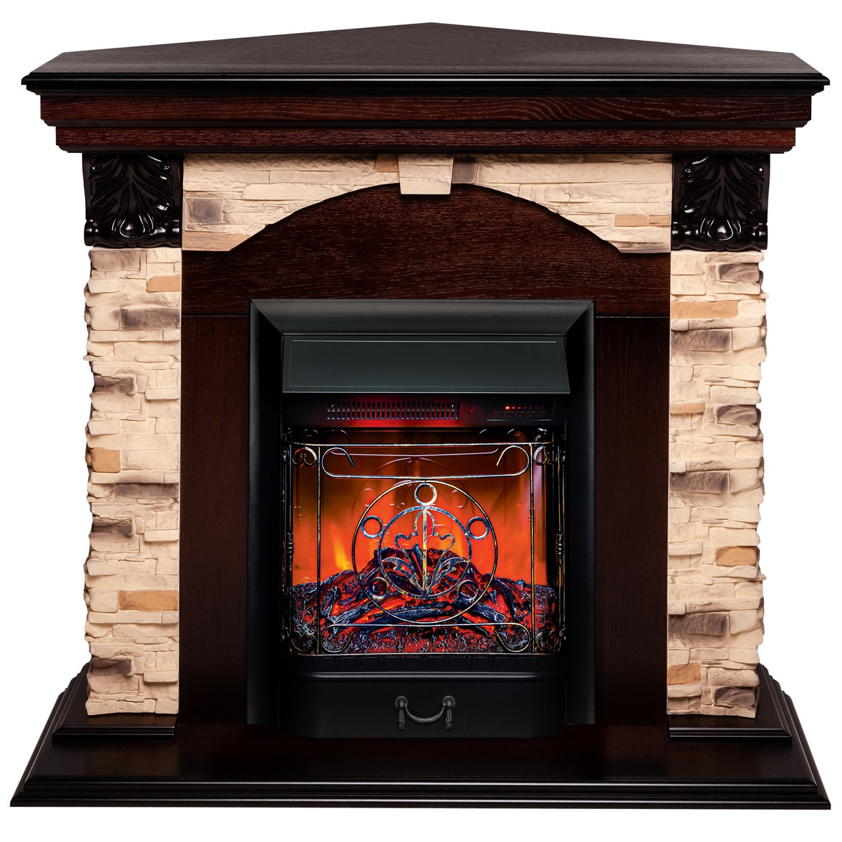 Каминокомплект DUBLIN CORNER ROCK/ДУБЛИН УГЛ. РОК Античный дуб с очагом Электроочаг MAJESTIC LUX RC/МАДЖЕСТИК С ПУЛЬТОМ